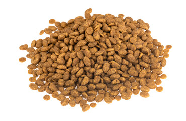 Food for animals isolated white background. Dry cat and dog food texture. Pet meal background close up