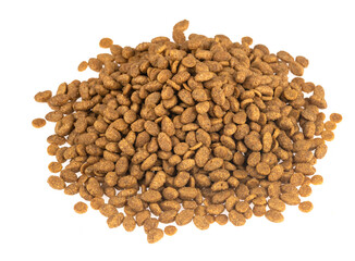 Food for animals isolated white background. Dry cat and dog food texture. Pet meal background close up