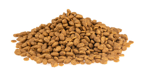 Food for animals isolated white background. Dry cat and dog food texture. Pet meal background close up