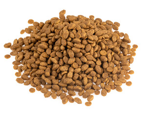 Food for animals isolated white background. Dry cat and dog food texture. Pet meal background close up