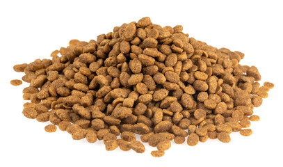 Food for animals isolated white background. Dry cat and dog food texture. Pet meal background close up