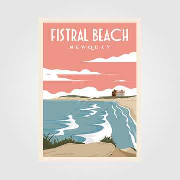 fistral beach vintage poster illustration design, beach poster design