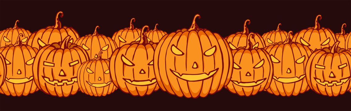 Seamless pumpkins border pattern. Celebration background with pumpkins. Color cartoon shapes on Halloween theme. Halloween vector illustration.