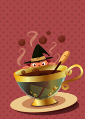 Cute little witch watching a cup of lemon tea illustration
