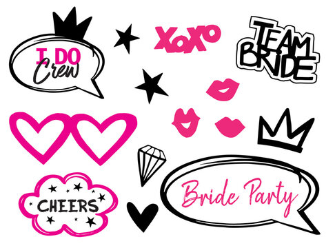 Wedding pink photo booth props isolated vector illustration on white background. Bride team party photo set for t-shirt print. Bachelorette party logo. Speach bridal props collection.