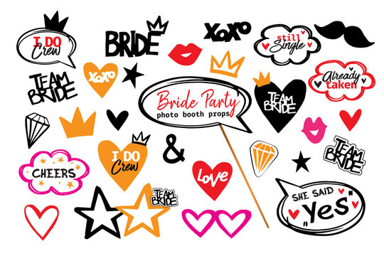 Wedding photo booth props isolated vector illustration on white background. Bride team party photo set for t-shirt print. Bachelorette party logo. Speach bridal props collection.