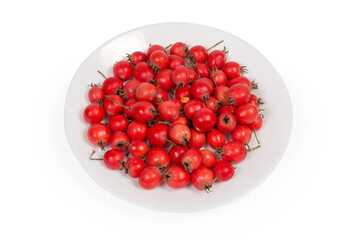 Harvested fruits of hawthorn on dish on a white background