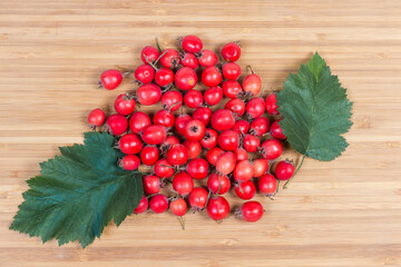 Pile of harvested hawthorn fruits and leaves on wooden surface