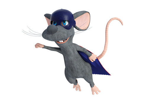 3D rendering of a flying cartoon mouse dressed as a super hero.