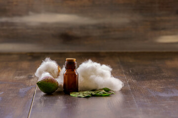Cotton oil, white cottons and cotton bolls in a bottle on a wooden background