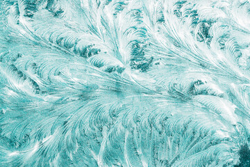 Obraz premium Blue Frosty Glass Ice Background, Natural Beautiful Snowflakes Frost Ice Pattern. Winter Xmas Christmas Abstract Backdrop, Background Or Texture. Turquoise Blue Colour.