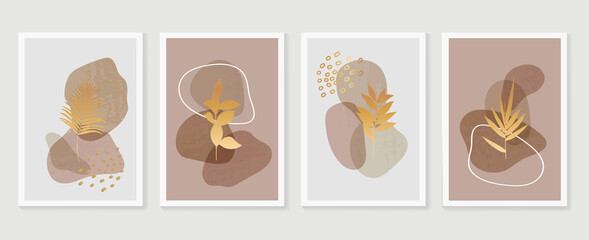 Gold botanical wall art vector set. Earth tone boho foliage line art drawing with  abstract shape.  Abstract Plant Art design for print, cover, wallpaper, Minimal and  natural wall art. © TWINS DESIGN STUDIO