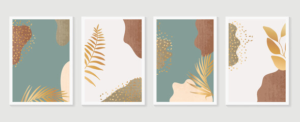 Gold botanical wall art vector set. Earth tone boho foliage line art drawing with  abstract shape.  Abstract Plant Art design for print, cover, wallpaper, Minimal and  natural wall art. © TWINS DESIGN STUDIO