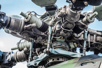 details of the propeller and engine of a modern helicopter blades