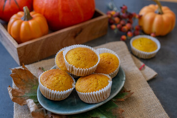 sweet home made vanilla pumpkin muffins on a table