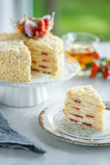 Napoleon cake. Beautiful cake with berries, classic pastries. High quality photo.