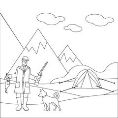The hunter is holding a shotgun and a duck. Hunter with a dog in nature. Mountains, tent, forest.