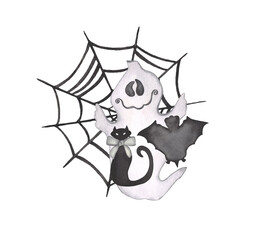 Watercolor Halloween black cat, happy ghost, bat grey bow and spider web