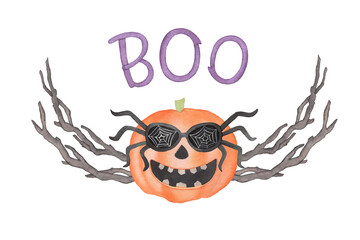 Watercolor Halloween Wreath with pumpkin in black glasses, violet BOO sign and branches