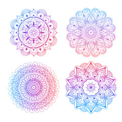 A set of beautiful mandalas and lace circles. Round gradient mandala vector. Traditional oriental ornament with a concentric gradient. Element for applying to objects for yoga, meditation, spiritual