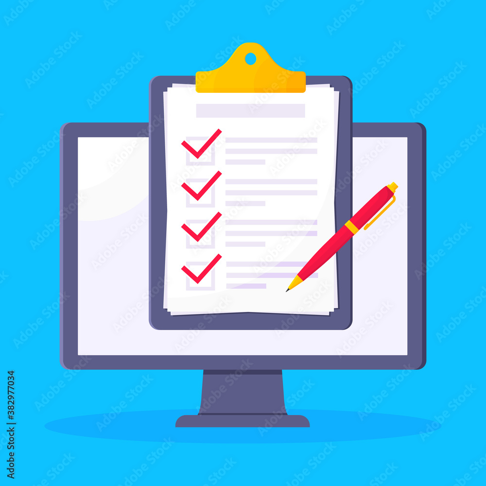 Poster complete checklist with check marks tick popped above the computer monitor screen icon vector illust