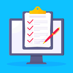 Complete checklist with check marks tick popped above the computer monitor screen icon vector illustration. Technology concept of online survey isolated on blue background.