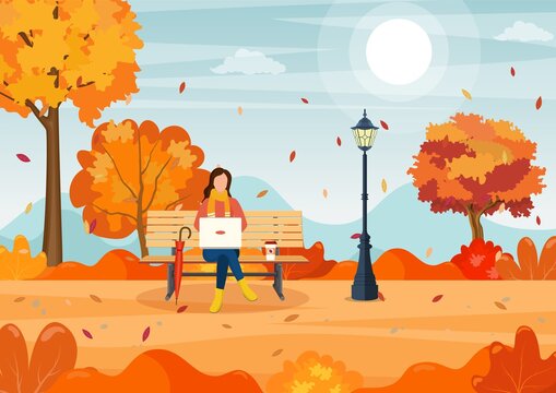 beautiful autumn city park with bench . Woman with laptop sitting on bench in autumn. Freelance, remote work concept. Vector illustration in flat style.