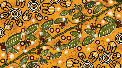 Aboriginal art vector background with bush leaves