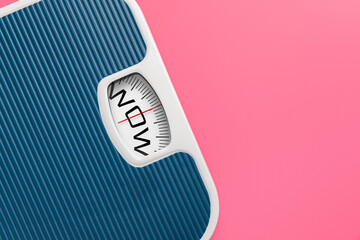 Scales with word WOW on color background. Weight loss concept