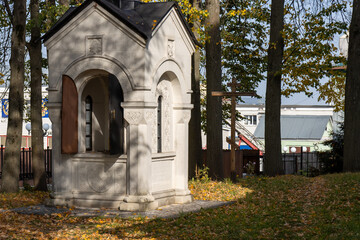 Naklejka premium Backyard of Russian orthodox church at autumn time