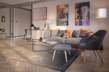 Modern Furniture and Art Panintings Inside an Apartment (draft) - 3d visualization