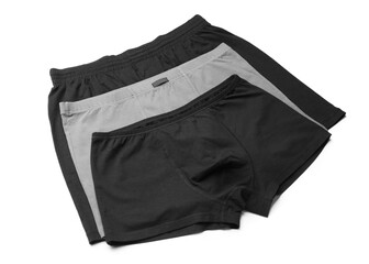 Stylish male trunks on white background