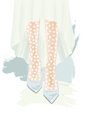 Female legs in shoes. Woman wearing a dress and shoes. Nylon tights and pumps. Modern design. Fashion magazine cover. Poster. Isolated vector illustration.