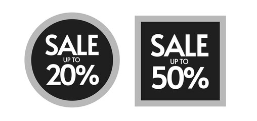 Fototapeta premium Discount off sale up to 20 and 50 offer percentage promotion icon vector label banner, black friday idea, ten and fifty clearance tag sticker text isolated