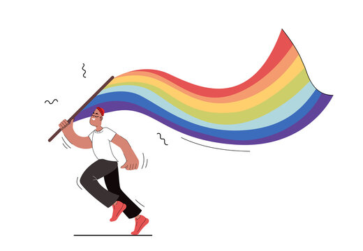 A man holds a lgbt flag in his hands. Isolated boy runs with a flag in his hands in a flat style. Vector stock illustration.