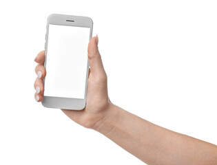 Female hand with mobile phone on white background
