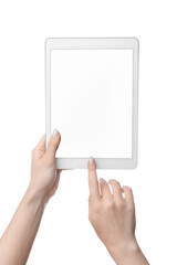 Female hands with tablet computer on white background
