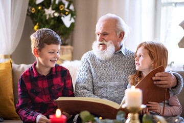 Small children with senior grandfather indoors at home at Christmas, looking at photographs.
