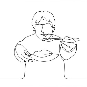 man smiles and sits holding out a spoon and plate full of food to the viewer / observer. one line drawing concept blogger doing mukbang, recipe illustration, homemade food