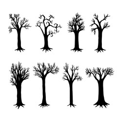 Vector set of black silhouettes of trees full length without leaves with roots. Hand drawn and traced vector collection