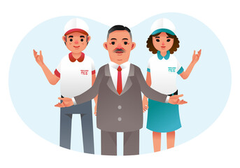 boss and two employees men and women standing with opened hand, the employees wearing work uniform vector illustration