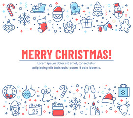 Christmas banner with outline icons. Vector greeting card.