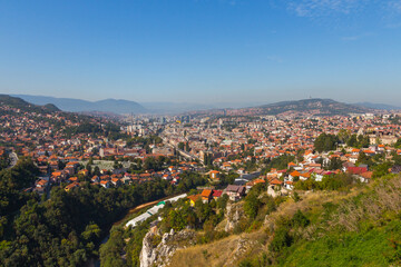 Panoramic view of the city of Sarajevo from the top of the hill. Bosnia and Herzegovina