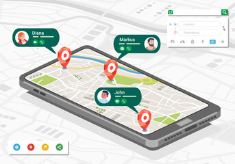 isometric illustration of people location and contact in map application on smartphone