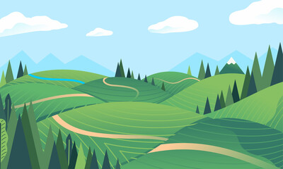landscape hill, mountain in the background, forest, green field, small river vector illustration
