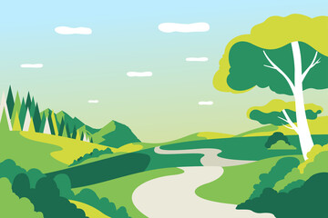 Fototapeta na wymiar vector illustration of beautiful scenery with road, trees and blue sky