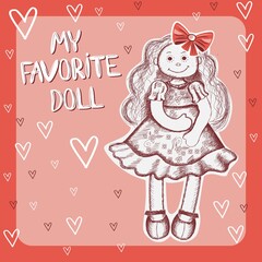 My favorite doll with long hair in the sketch style, hand-drawn. On an orange background with white hearts. vector.