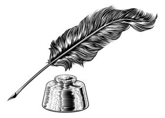 A quill feather antique pen and ink well in a retro vintage engraved or etched woodcut print style.