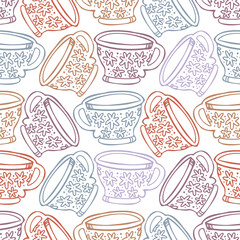 Seamless vector pattern of lined ornamental cups with flowers in pastel colors