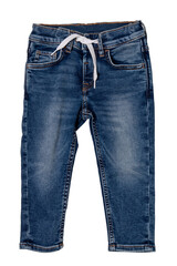 Jeans isolated. Trendy stylish blue denim pants or trousers with white ribbon for child boy...